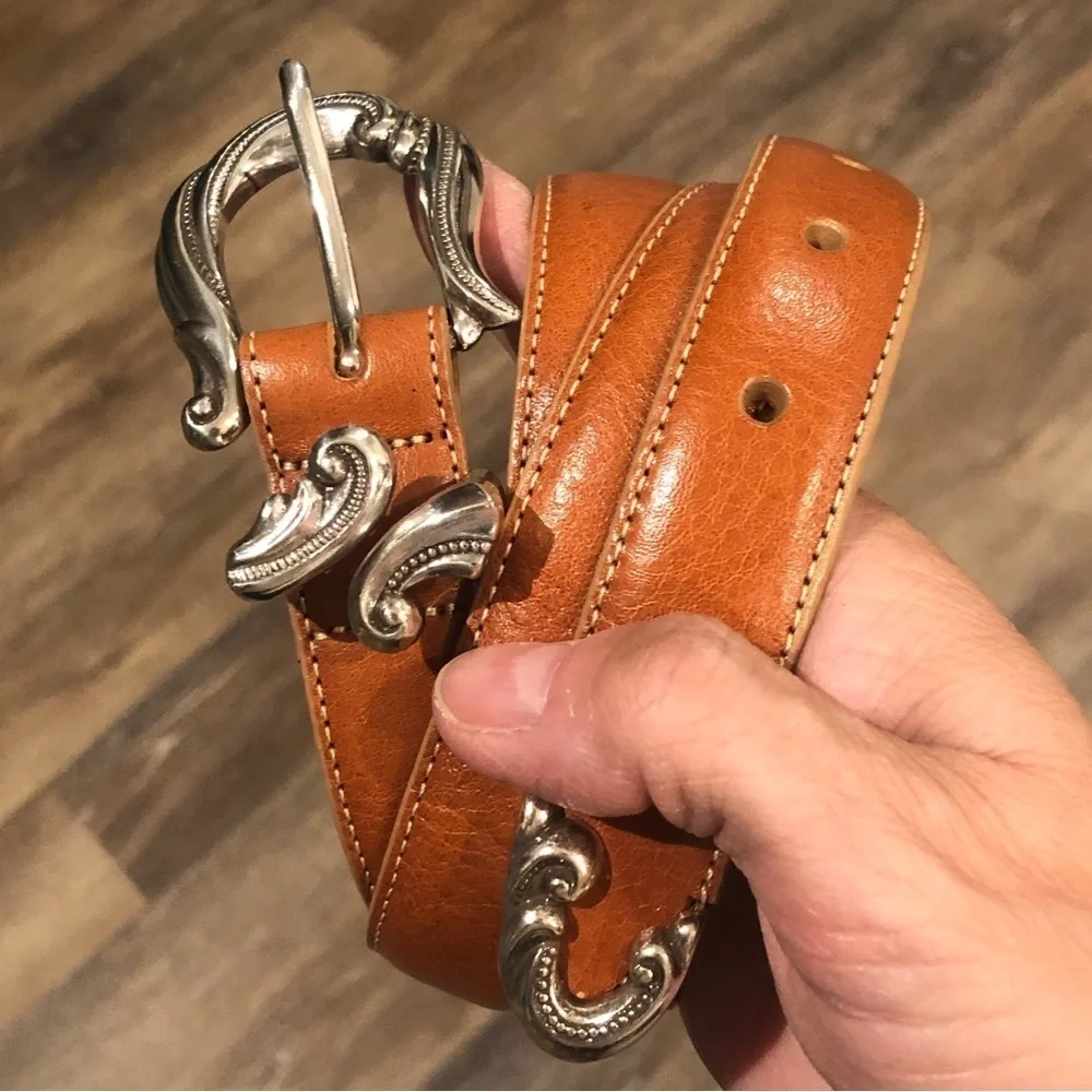 Coldwater Creek Tan Leather Silver Scroll Western Boho Coastal Granny Belt XL